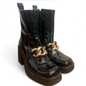 Steve Madden Black and Gold Heeled Boots with Chain Detail